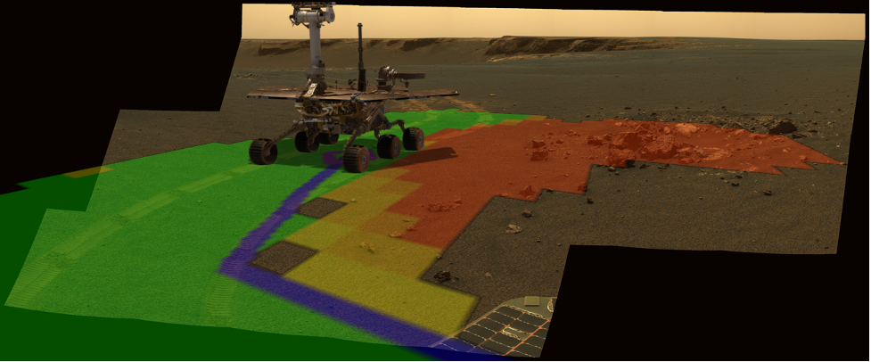 Opportunity Rover demonstrates multiple autonomous mobility capabilities; Hazard Detection and Avoidance, Global Path Planning, Visual Odometry. Image credit: NASA/JPL-Caltech