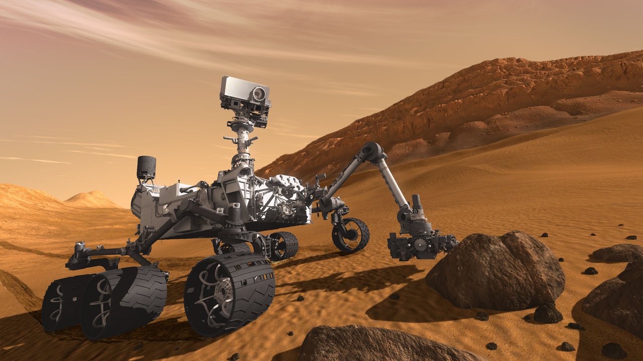 Artistic concept of Mars Science Laboratory rover on Mars.