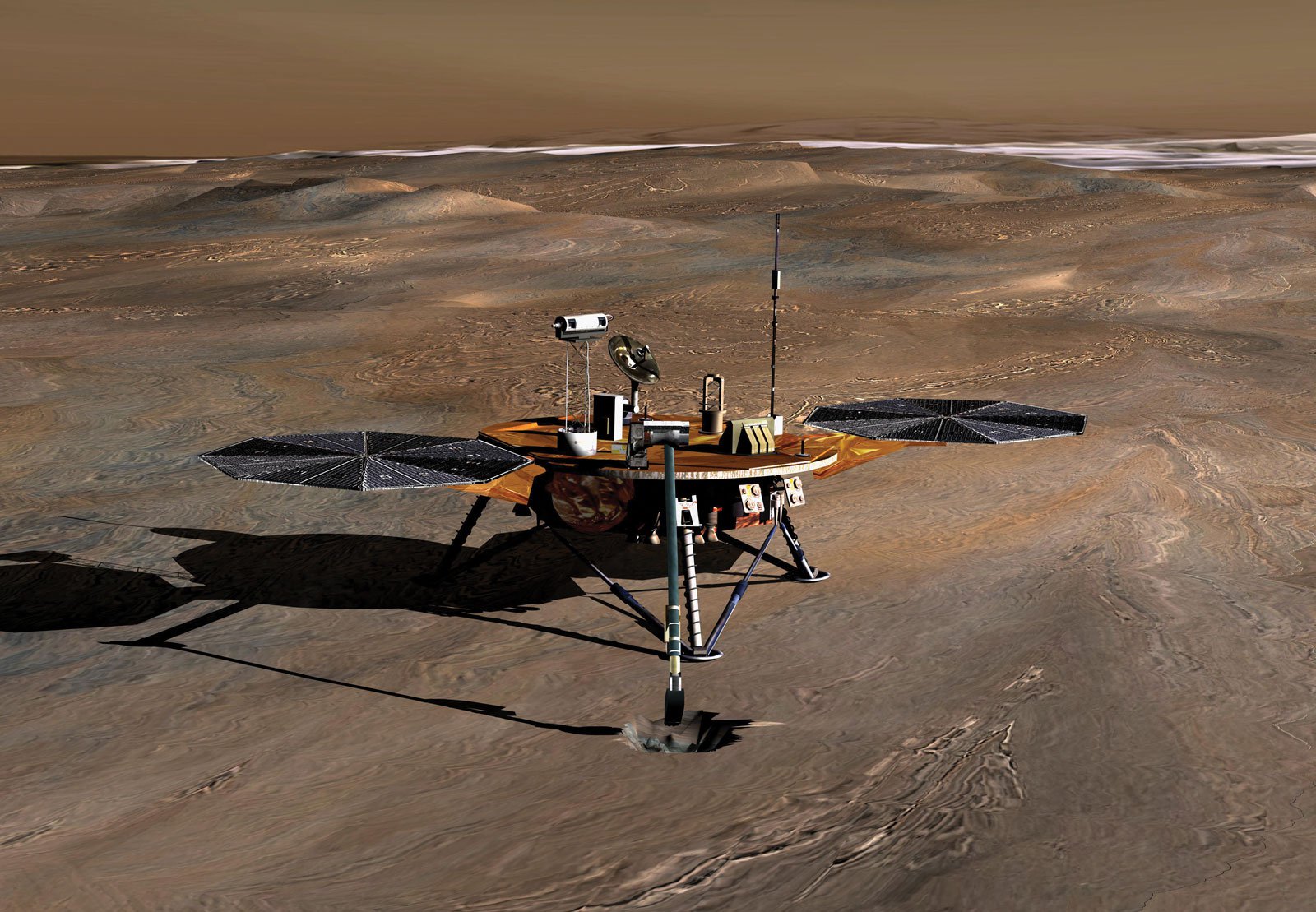 Artist's concept of the Phoenix lander acquiring icy samples.