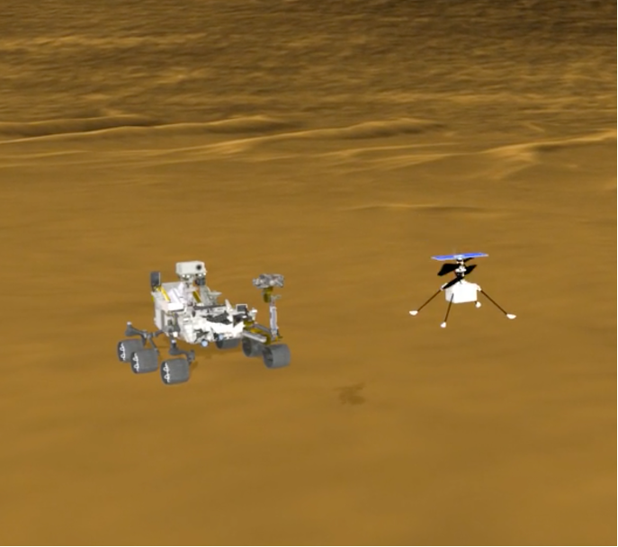 Figure 3. Rendering of Curiosity rover in simulated Mars terrain, with Mars helicopter.