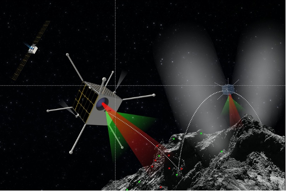  Figure 9. Artist rendition of a SmallSat observing and estimating relative spacecraft pose for safe landing.