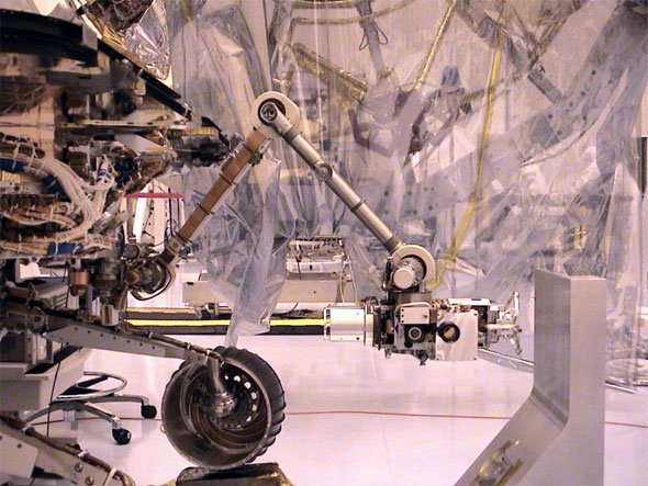 The MER Instrument Deployment Device during calibration and testing at The Kennedy Space Center, prior to launch.
