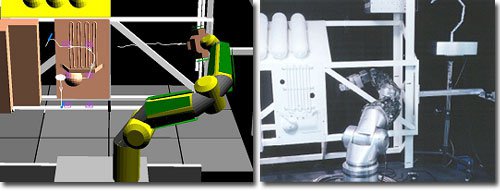 Fig. 2: Simulated and actual manipulation in a constrained environment utilizing model-based and redundant arm-control modes in the Telerobotics Laboratory. The white traces on the simulated figure show planned or actual traverse paths of the end effector. 