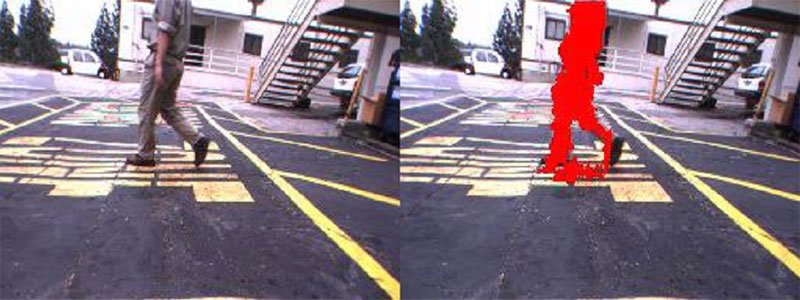 Fig. 2: Demonstration of moving person detection. Left: input image. Right: input image labeled with detected moving person.