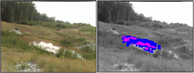 Fig. 3: Demonstration of water detection in natural terrain. Left: pond reflecting sky and terrain. Right: detected water regions.